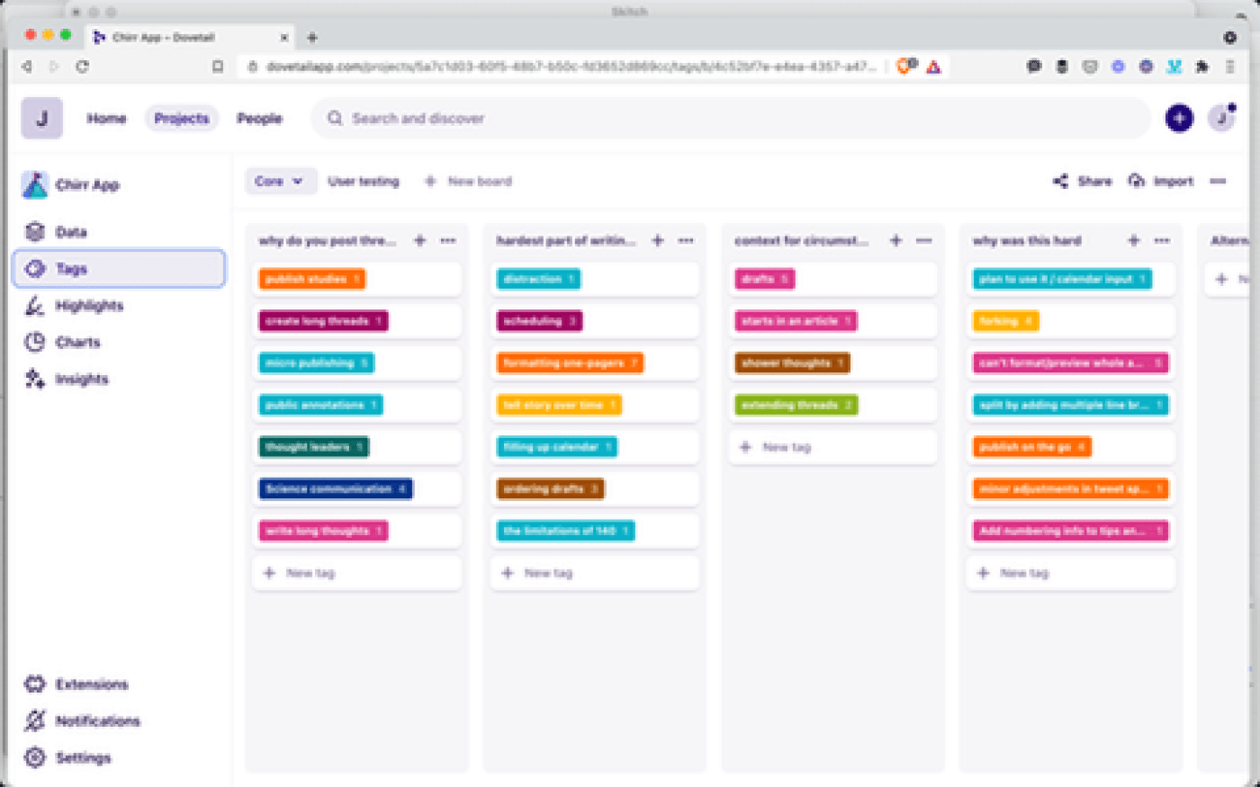 Organising customer discovery insights in column on a Kanban board